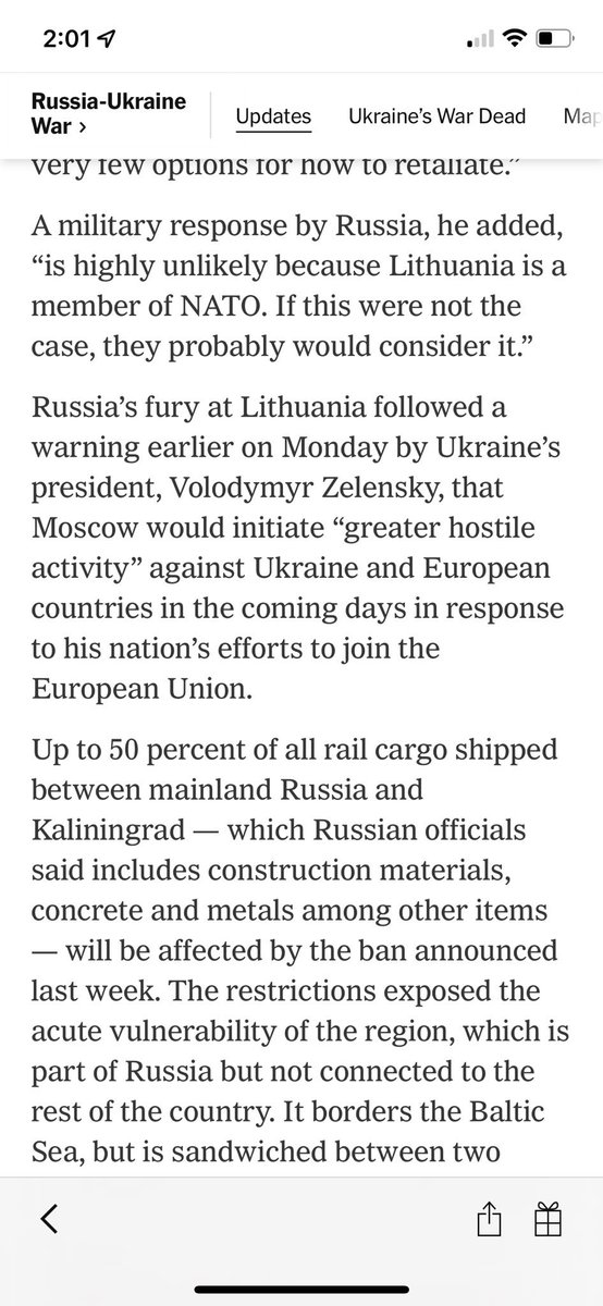 Lithuania admits it’s blockading Kaliningrad because of the NATO guarantee. What a brilliant strategic move it is to bring defenseless countries into a military alliance and embolden them to behave recklessly against powerful neighbors.