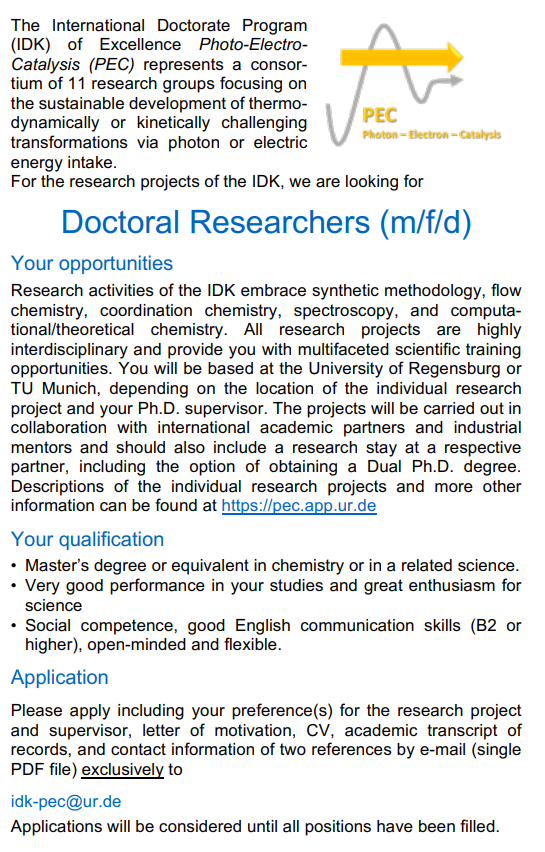 TheWolf_Group's tweet photo. A PhD position is open @TheWolf_Group ! The successful candidate will be part of an international graduate school on photo- and electrocatalysis starting at Regensburg University later this year. See flyer or contact Robert for further information. https://t.co/zcsoZROTEb