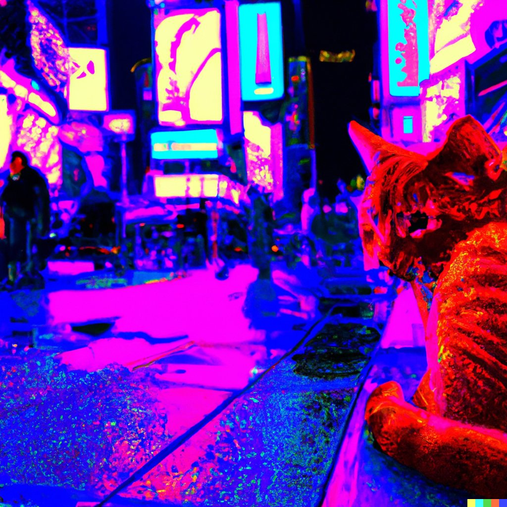 _JacobStone's tweet image. Day 2 of 50!

This one was a more artistic piece inspired by @HKdevblog. Stray is a new exploration game about being a cat.

“A wide-angle, full color outdoor digital artwork of a red cat in time square in a synthwave art style”

#50DaysOfDallE #dalle #dalle2 #straygame