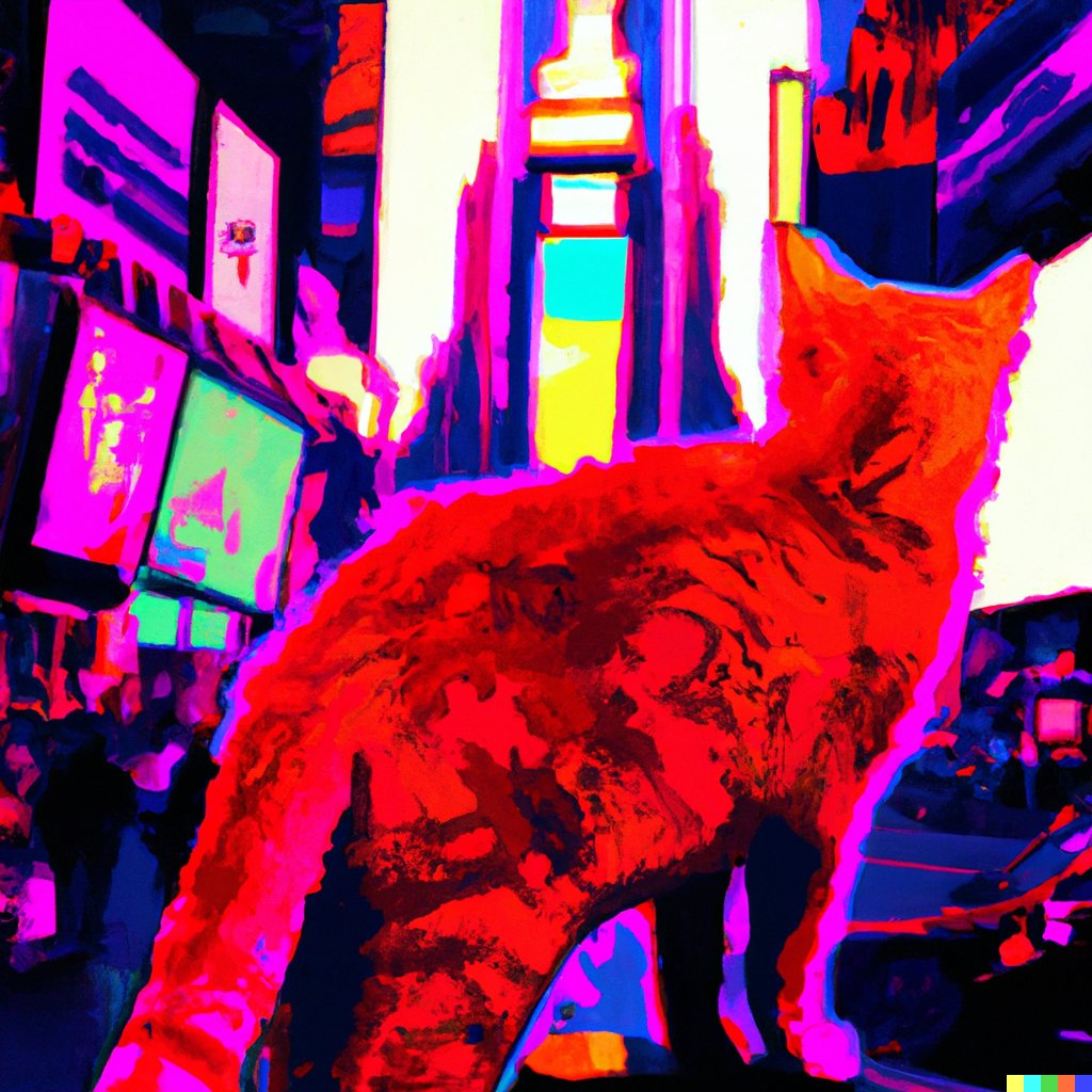 _JacobStone's tweet image. Day 2 of 50!

This one was a more artistic piece inspired by @HKdevblog. Stray is a new exploration game about being a cat.

“A wide-angle, full color outdoor digital artwork of a red cat in time square in a synthwave art style”

#50DaysOfDallE #dalle #dalle2 #straygame