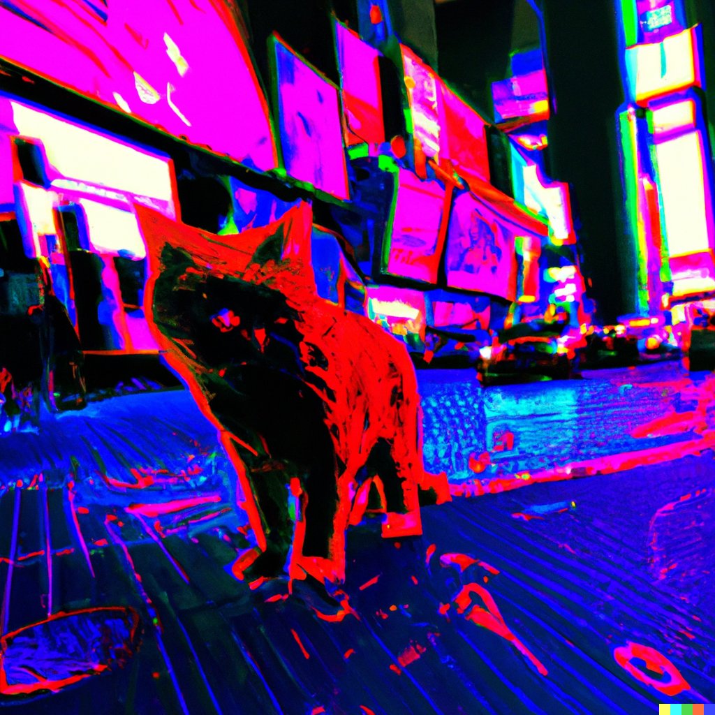 _JacobStone's tweet image. Day 2 of 50!

This one was a more artistic piece inspired by @HKdevblog. Stray is a new exploration game about being a cat.

“A wide-angle, full color outdoor digital artwork of a red cat in time square in a synthwave art style”

#50DaysOfDallE #dalle #dalle2 #straygame