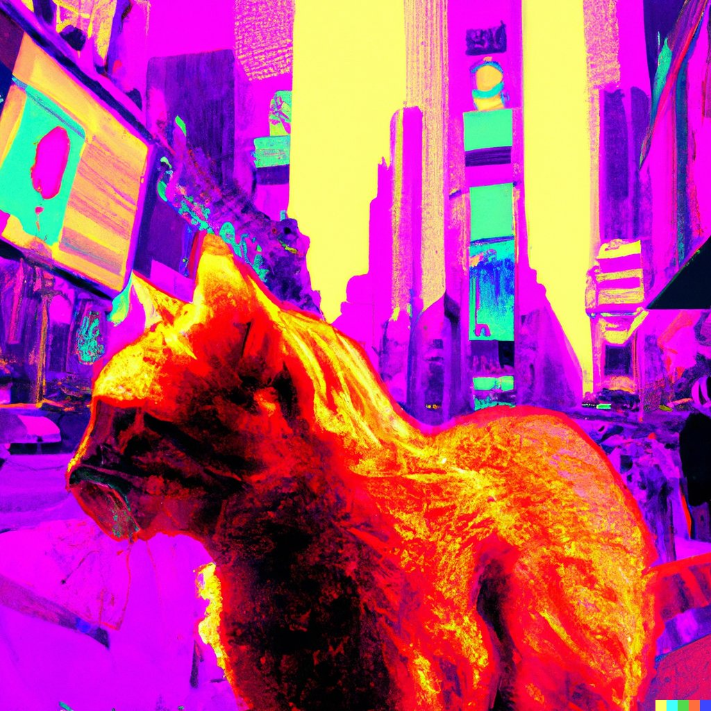 _JacobStone's tweet image. Day 2 of 50!

This one was a more artistic piece inspired by @HKdevblog. Stray is a new exploration game about being a cat.

“A wide-angle, full color outdoor digital artwork of a red cat in time square in a synthwave art style”

#50DaysOfDallE #dalle #dalle2 #straygame