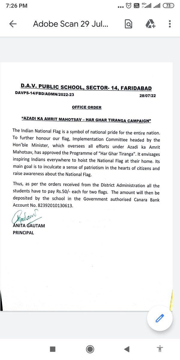 Rajesh20476's tweet photo. @sdm_faridabad 

Dear sir, i already have national flag, every year i hoist my pride, my national flag, then why to pay rs.50. this should be optional for those who don't have. Pls see the circular and ask concern officials to amend it. Best Regards https://t.co/3xz82Rnflf