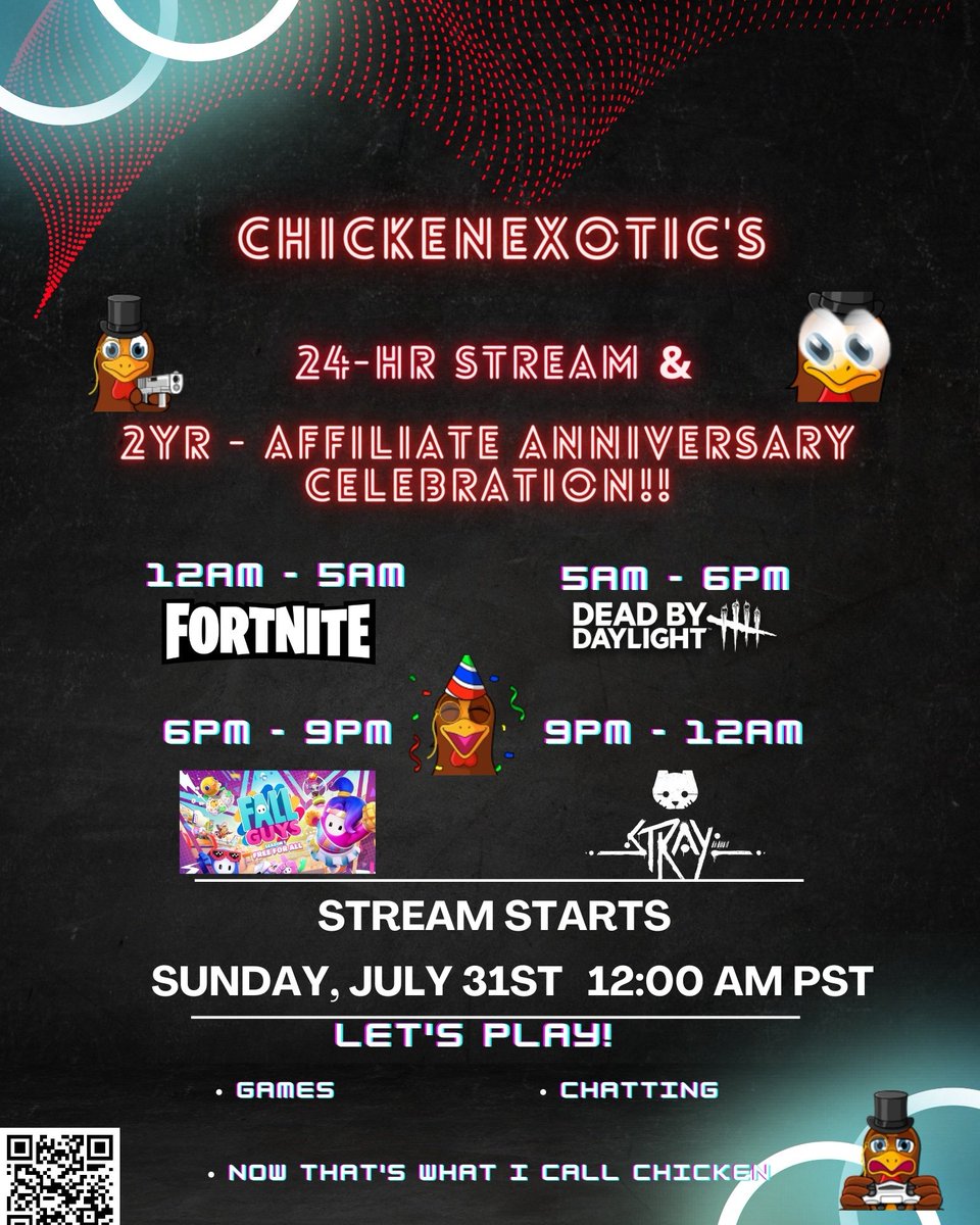chicken_exotic's tweet image. 24hr stream and 2yr celebration begins in under 2 hours! 12am PST! I'm really nervous just cause and I'm also fighting a post covid cough, but I'm gonna do my best to make it all the way!! 

Twitch.tv/ChickenExotic