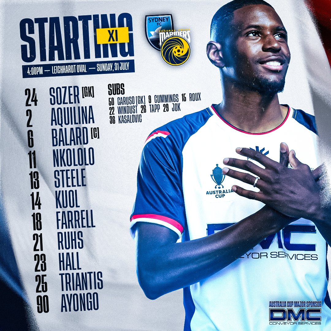 Introducing the first Mariners line-up of the new season 💪

𝗙𝗢𝗨𝗥 debutants in the Starting XI to face <a href="/SydneyFC/">Sydney FC</a>!

#CCMFC #WontBackDown #MagicOfTheCup #SYDvCCM