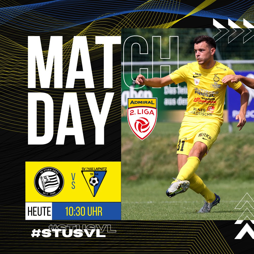 svlafnitz's tweet photo. 𝗠𝗔𝗧𝗖𝗛𝗗𝗔𝗬
Heute um 10:30 Uhr treffen wir im Solarstadion Gleisdorf auf den SK Sturm Graz II!⚔️🔥
Gebt alles, Männer!💯💛💙
•
#MatchDay #LigaZwa #AdmiralLigaZwa #STUSVL #SVLafnitz #GEMMA https://t.co/KymEDjhMU1