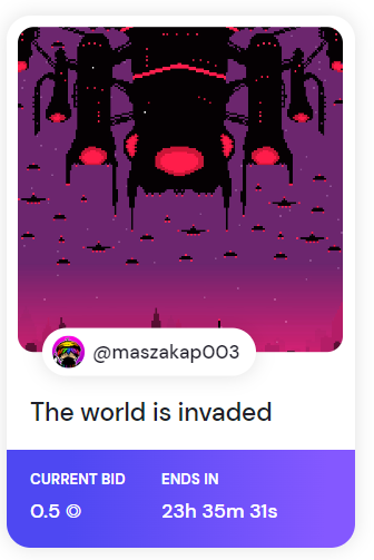 The auction has started🙏

"The world is invaded"
Available on 
<a href="/formfunction/">Formfunction</a>

The world is invaded  : 0.5 $SOL
Ends In: 23 Hours 

Thank you collector 
<a href="/mtotheitchell/">Mitch (HGK)</a> 
for the first bid🙇‍♀️🙇‍♀️
formfunction.xyz/@maszakap003

#formfunction #Pixel #pixelartist #NFTCommmunity #nftcollectors