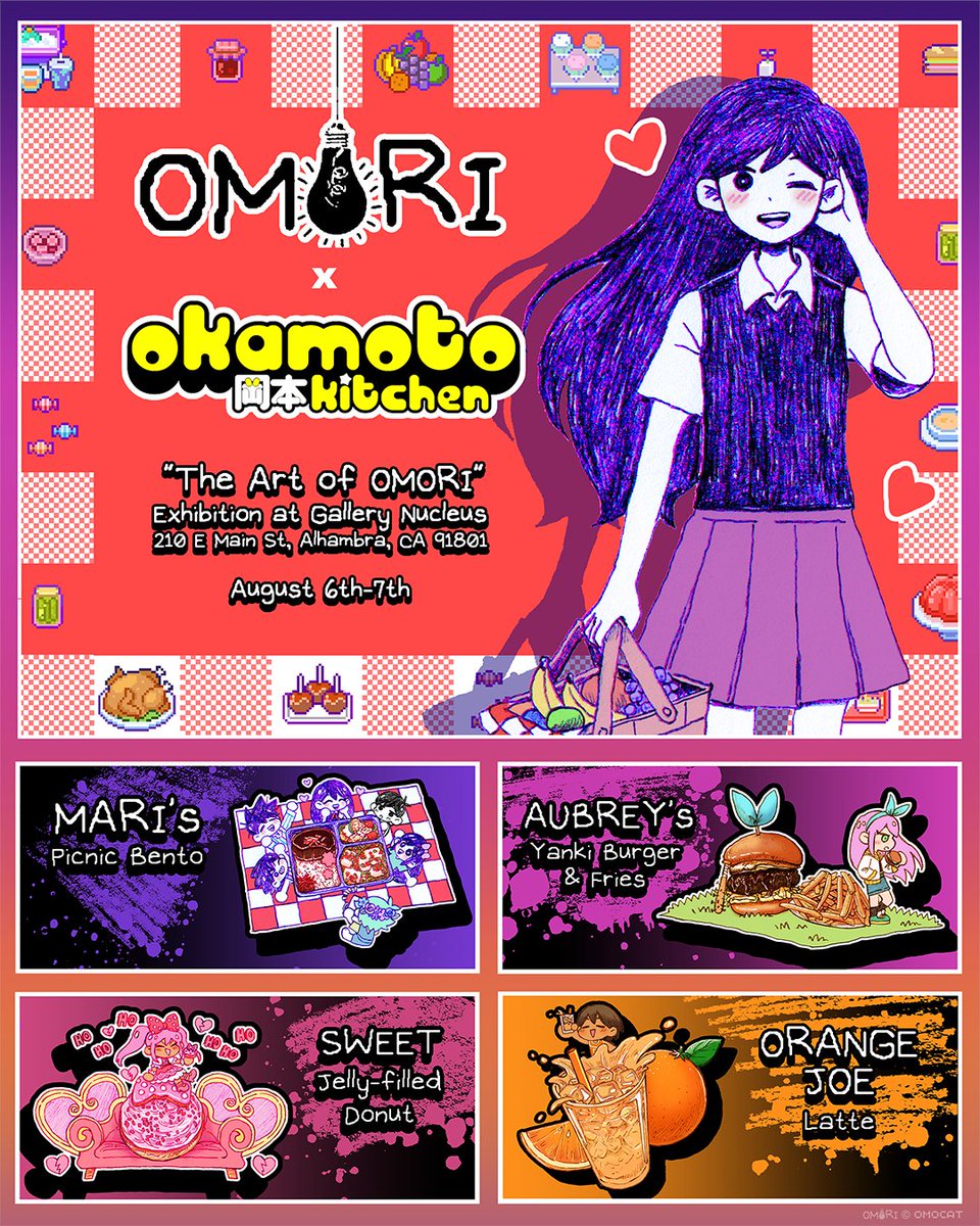 OMORI is teaming up with @OkamotoKitchen to bring OMORI menu items to The Art of OMORI Exhibition at @gallerynucleus on 8/6-8/7! 