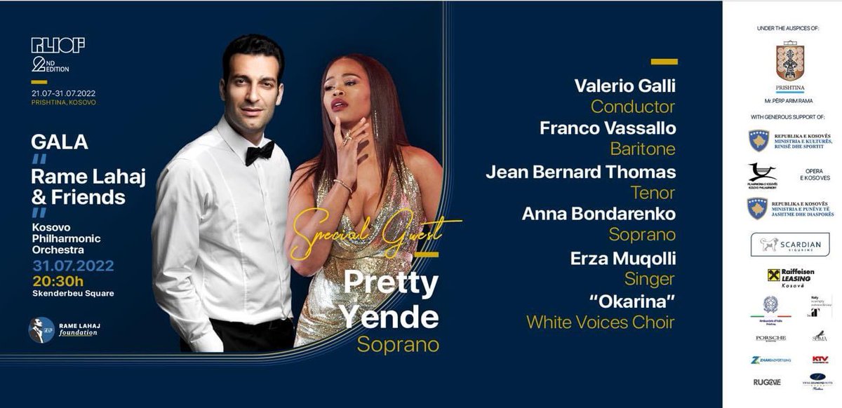 Directly from Naples <a href="/PrettyYende/">Pretty Yende</a> will join <a href="/RameLahaj/">Rame Lahaj</a> &amp; Friends tonight in #Pristina (Skanderbeg Sq, 20.30). Can’t wait to enjoy their performance, with 🇮🇹 Conductor Valerio Galli and Baritone Franco Vassallo among others. Happy to support this event 
#ItalianSummerinKosovo2022