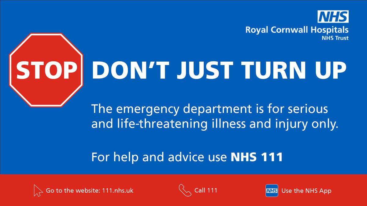 ⛔ Please don't turn up at one of our hospitals without contacting NHS 111 first. The team will be able to assess you and, if you should need it, book you a time slot to make sure you can be seen safely. 

👉 Visit 111.nhs.uk or call 111.

#HelpUsHelpYou