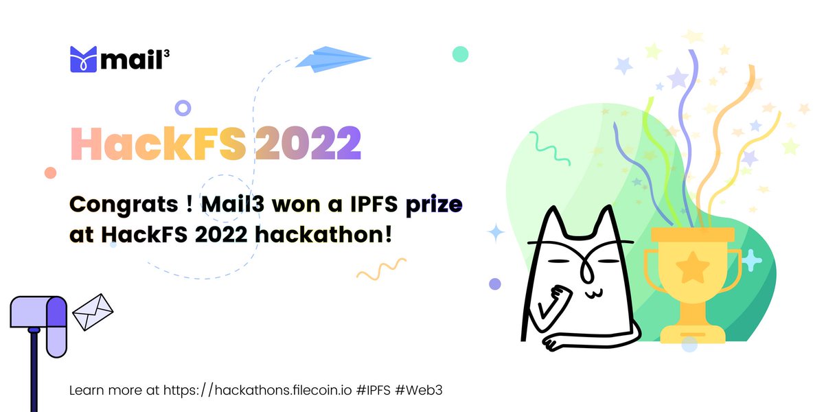 🎉We are thrilled to share the good news that #Mail3 won a <a href="/IPFS/">IPFS</a> &amp; <a href="/Filecoin/">Filecoin</a> prize at #HackFS 2022 hackathon! 🙌

Thanks to our enablers: <a href="/ETHGlobal/">ETHGlobal</a> <a href="/IPFS/">IPFS</a> <a href="/Filecoin/">Filecoin</a>

More details👇
ethglobal.com/showcase/mail3…