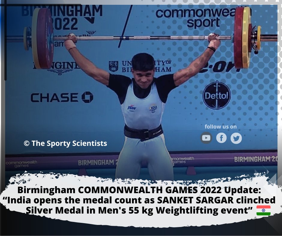 KhelScientists's tweet photo. Congratulations, SANKET SARGAR for winning silver medal at Commonwealth Games 2022, @birminghamcg22 

#CommonwealthGames2022 
#SILVERMEDAL 
#SanketSargar 
#Indian
#theSportyScientists 
@ChatterjeeZizou https://t.co/waxLToNZ40