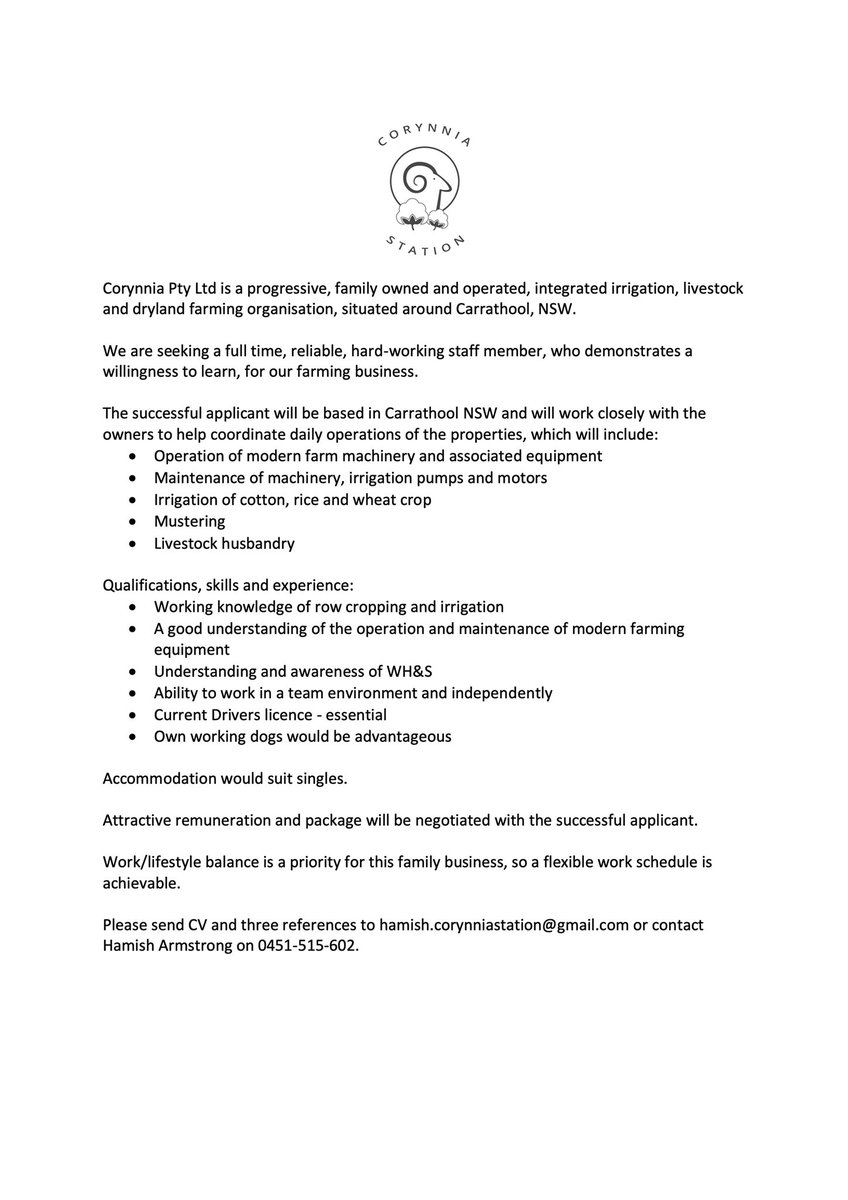 Corynnia Pty Ltd is looking for an employee to join our team, re tweets appreciated.