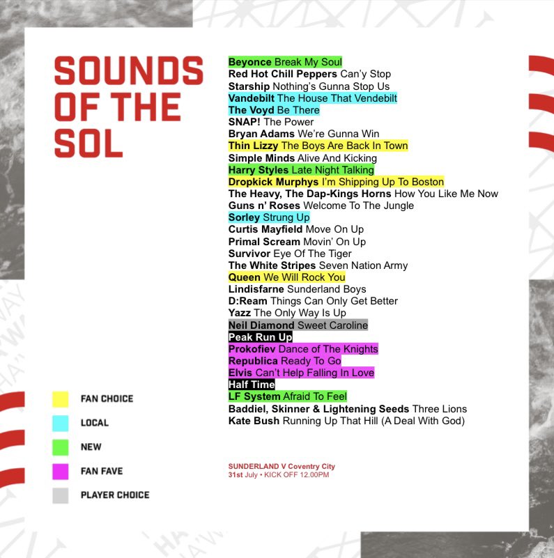 It’s back. #soundsofthesol @StadiumOfLight for @SunderlandAFC v @Coventry_City feat Sunderland acts @vandebiltmusic @thevoydofficial and @sorleymusic alongside @Beyonce and @Harry_Styles