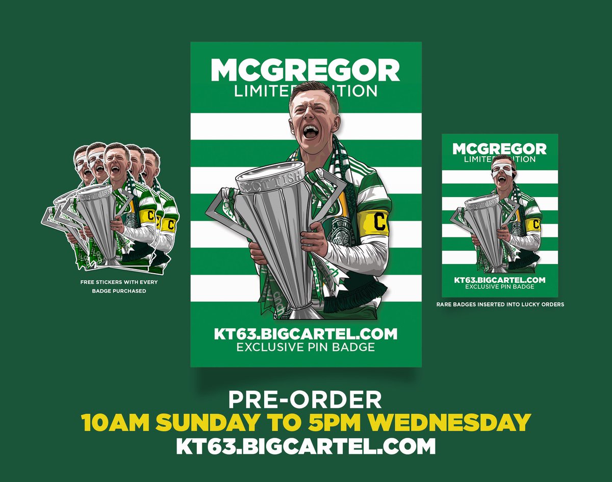 Hoidy's tweet image. 🏆 The Champions Are Back 🏆 

McGregor Champions Pin Badge Pre-Order on sale 10am

- Free stickers
- Rares randomly allocated 

KT63.bigcartel.com 

📣 RT and comment with your prediction for first goalscorer and time in todays game. Prize - 3 rare Cal badges 📣