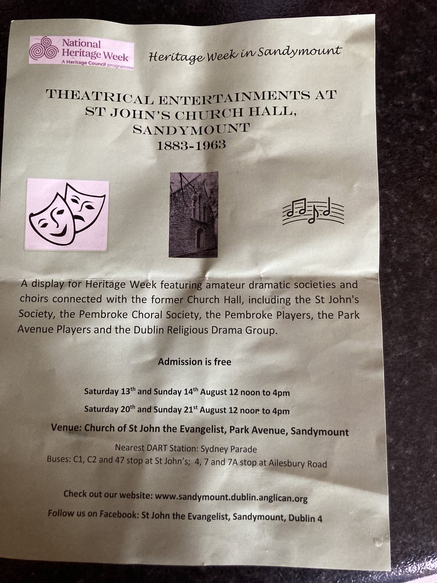 An opportunity to find out more about theatrical entertainments (1883-1963) in St. John’s church as part of national heritage week. 13, 14, 20, 21 August 12 noon to 4pm. Admission is free