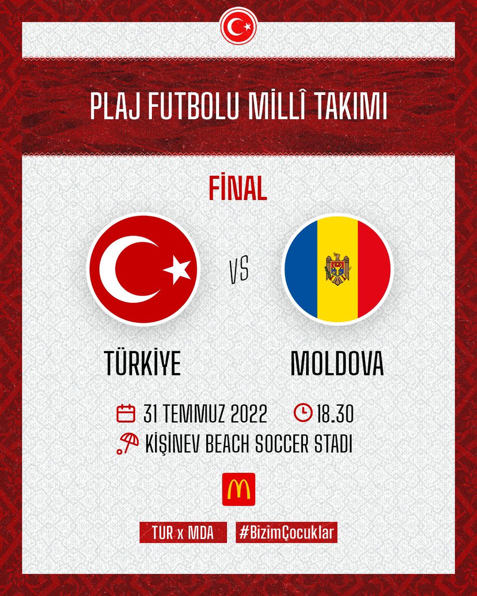 MilliTakimlar's tweet photo. Plaj Futbolu Millî Takımımız, Euro Beach Soccer League finalinde Moldova karşısında. Başarılar #BizimÇocuklar! 🇹🇷

#TURMDA

🗓️ 31 Temmuz
🕘 18.30
🏟️ Kişinev Beach Soccer Stadı https://t.co/29LqBckoog
