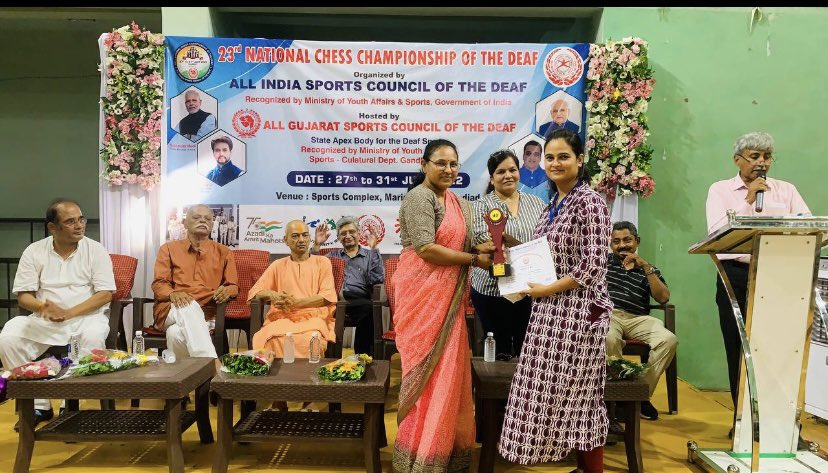 deaf_sports_guj's tweet photo. 23rd National Chess Championship of the Deaf at Nadiad from 27 to 31 July, 2022.
Organised by AISCD
Hosted by AGSCD
Women:
🥇- Malika Handa (Punjab)
🥈- Suman Bhambu (Rajasthan)
🥉- Yashaswi K (Karnataka)
#deafsports #deaflympics #SAI #SAG #aiscd #agscd_sports #deaf https://t.co/M4T0Ol4YZi