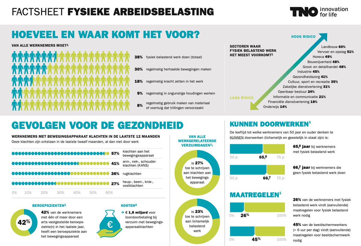 1️⃣Welke soort fysieke belasting komt het meest voor en in welke sector? 
2️⃣Wat zijn de gevolgen voor de gezondheid?
3️⃣Tot welke leeftijd denkt men door te kunnen werken?
De Factsheet fysieke arbeidsbelasting van TNO zet de cijfers op een rij. 📊
#RSI #RSIvereniging #Infographic