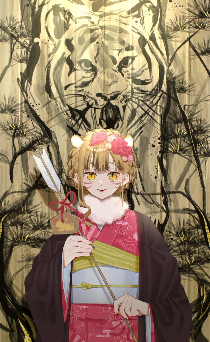 1girl kimono japanese clothes tiger yellow eyes solo arrow (projectile)  illustration images