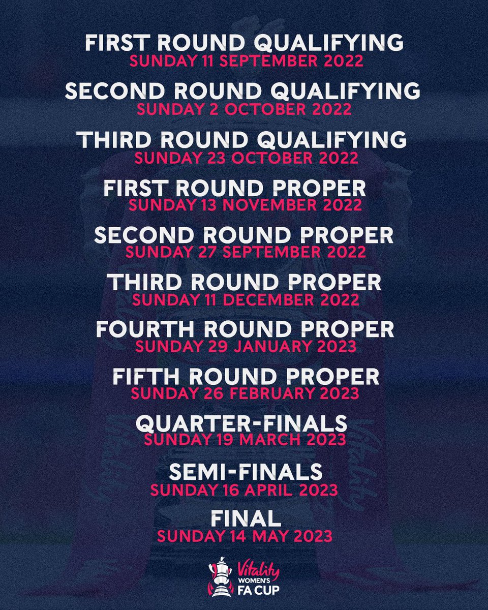 AdobeWFACup's tweet photo. 📆 Your 2022-23 #WomensFACup round dates 🙌 https://t.co/H0DGYB2aQB