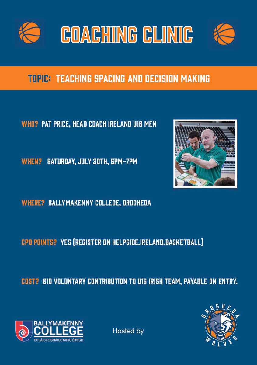Our club  is hosting a coaching clinic in Drogheda on Saturday  to raise funds for the U/16 Irish team. 
<a href="/BballIrl/">Basketball Ireland</a> 
Register here helpside.ireland.basketball