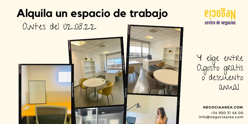 NegociaArea's tweet photo. Agosto gratis o descuento anual reservando una oficina o mesa en zona de coworking antes del 02.08. ¡No pierdas el tiempo y reserva ya que quedan muy pocos espacios disponibles!
Más información en: https://t.co/pOenrw0phZ 
☎️ 950 314 800 y ✉️ Info@negociaarea.com https://t.co/Kq2BtApdrG