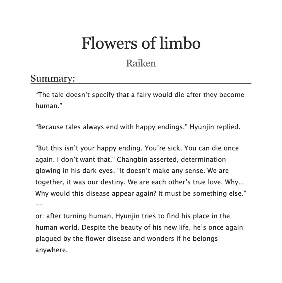 hwangsword's tweet photo. Flowers of limbo
✿ changjin, magical realism
✿ fairy Hyunjin, human Changbin
✿ angst, romance, flower disease
✿ completed, 53k words.
https://t.co/mqZWV7EItc https://t.co/fKGqdKHr32