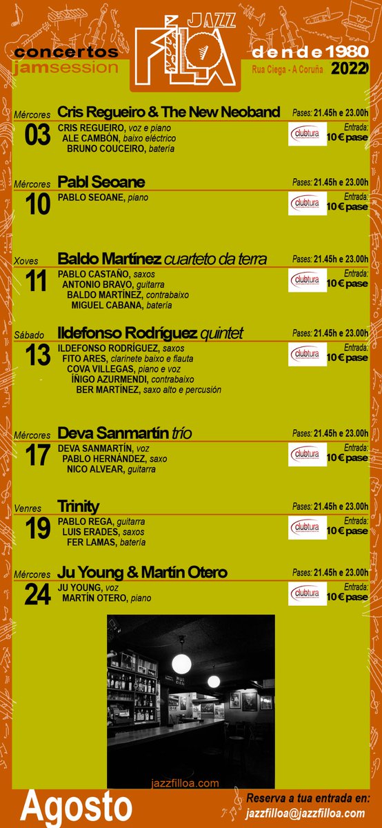 silcerino's tweet image. 🎷 #Coruña | Programación de agosto en la sala #JazzFilloa