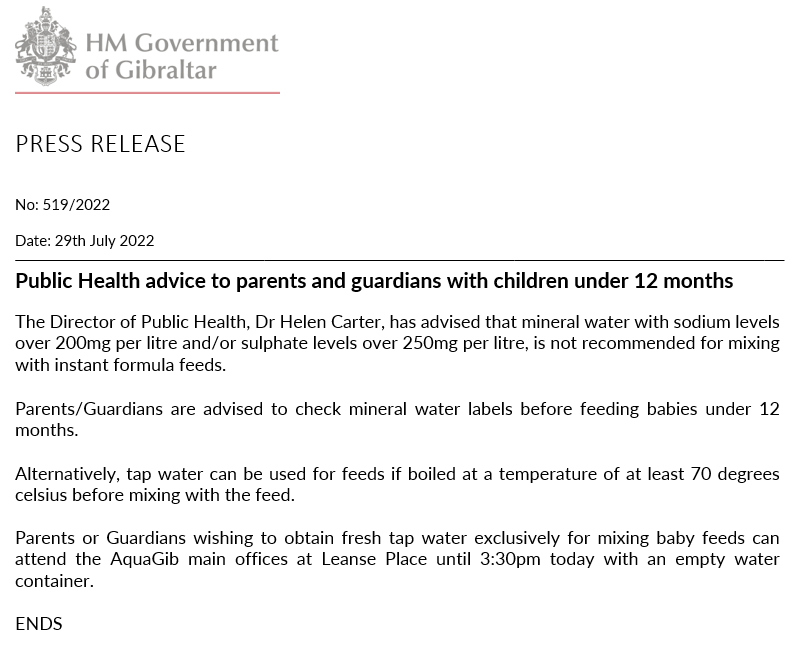 GibraltarGov's tweet photo. Public Health advice to parents and guardians with children under 12 months https://t.co/g5vsjuhL4r