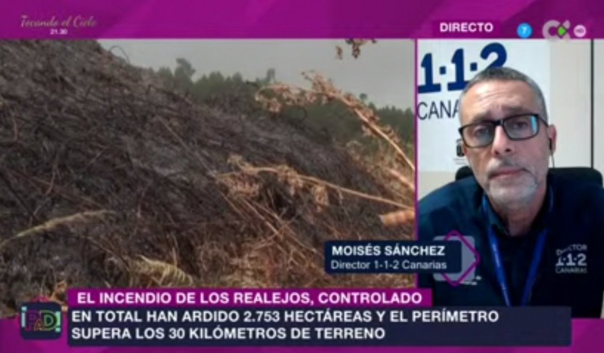 PontealDiaRTVC's tweet photo. 🔝 El #IFLosRealejos se ha dado por controlado tras más de 2.750 hectáreas calcinadas.

🗣️ Hablamos con Moises Sánchez, director del @112canarias. https://t.co/jpWHmAAkkU