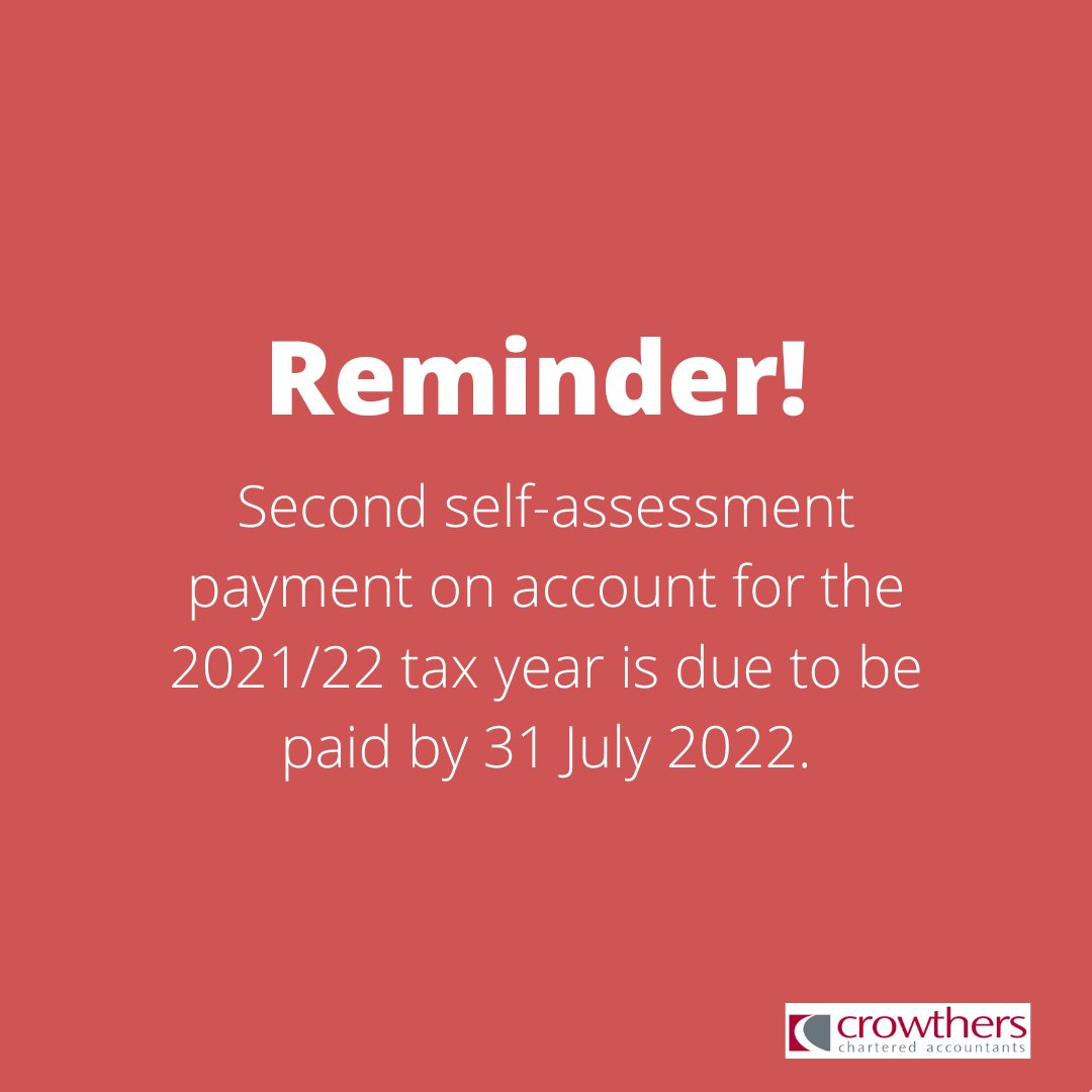 Second self-assessment payment on account for the 2021/22 tax year is due to be paid by 31 July 2022. Make sure your liability is settled to avoid late payment 
interest.

tax.service.gov.uk/pay/sign-in?tr…

#personalapproach #selfassessment #payment #deadline