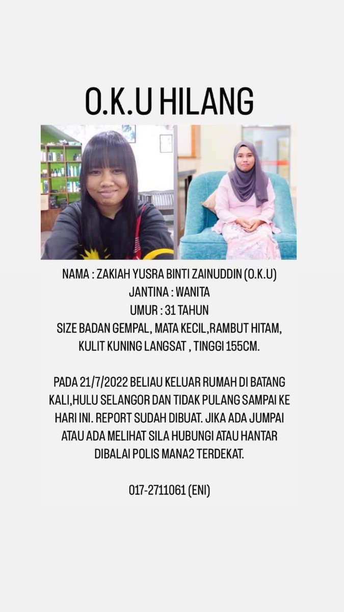 saiful_razali69's tweet photo. Salam, kakak member hilang. Mohon sebarkan. @pedoqpop @ketengahketepi @HermyRahim @khairulaming @Azfarheri https://t.co/RF9JosctpZ