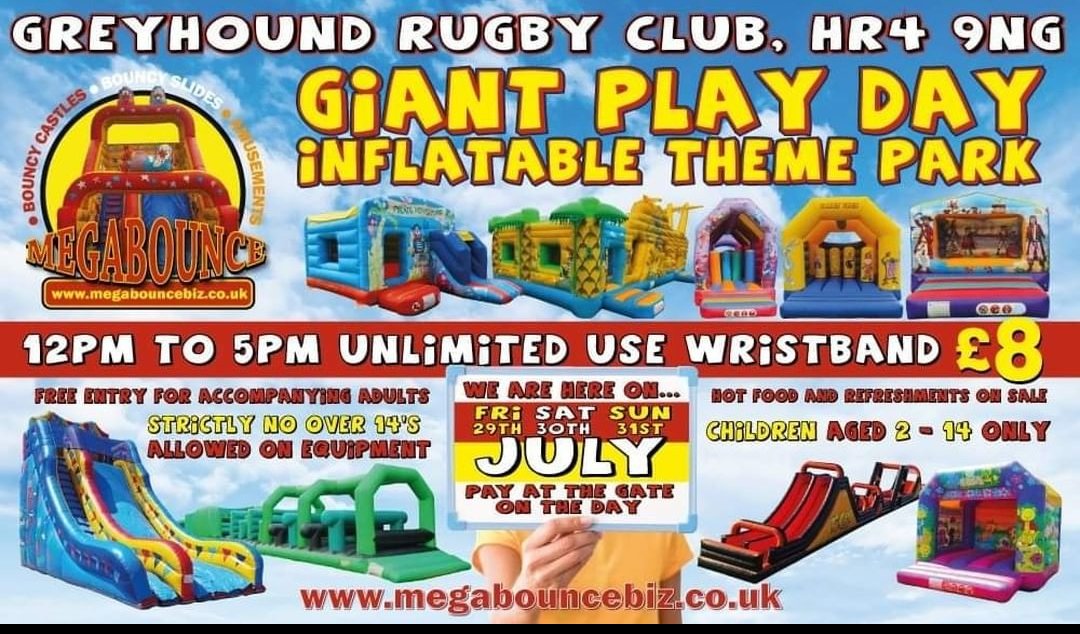Greyhoundladies's tweet photo. Giant inflatable theme park at greyhound rugby club this weekend. 
Something to keep the children entertained and you can sample a cold one from our outside bar. 
#megabounce
#familyfun https://t.co/BSrLrSmOqd