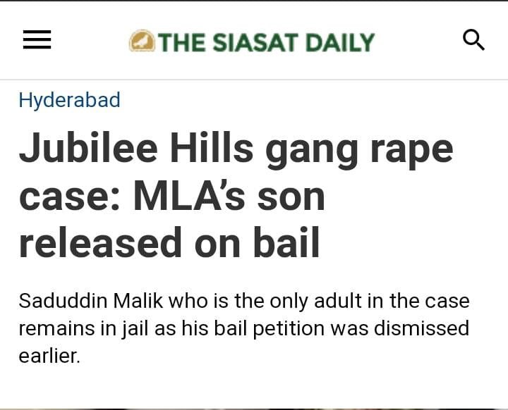 pm_saiprasad's tweet photo. Sophisticated version of "Ladke hai, ladko se galti ho jati hai" 

5 minors in the Jubilee hills gang-rape granted bail. #Saduddin Malik, son of AIMIM MLA &amp; prime accused too granted bail by Telangana HC on the condition that  "he will not repeat the offence". Slow claps 👏 https://t.co/ihhDrQjW4o