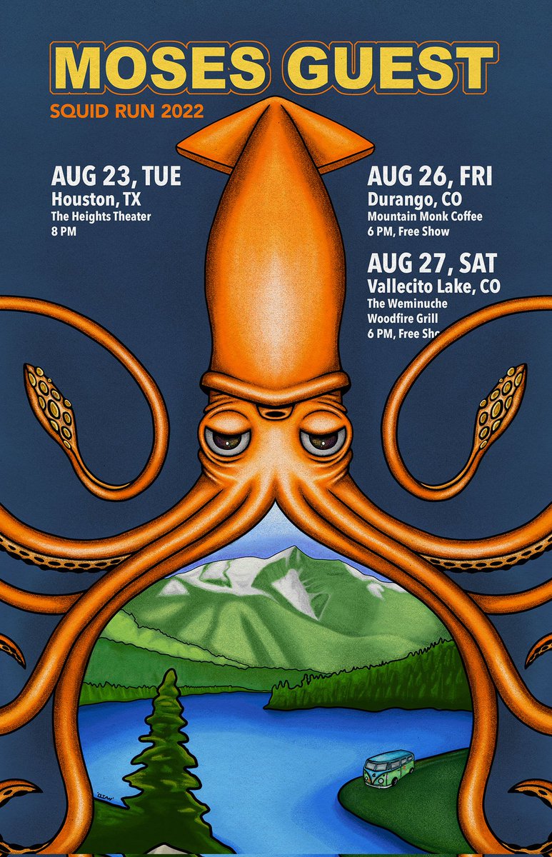 Moses Guest 

🦑Squid Run 2022🦑

Aug 23 Tues 8pm ($22) - The Heights Theater, Houston, TX <a href="/heights_theater/">The Heights Theater</a>

Aug 26 Fri 6pm (free) - Mountain Monk Coffee, Durango, CO 

Aug 27 Sat 6pm (free) - Weminuche Woodfire Grill, Vallecito Lake, CO 

#LiveMusic #Live #Music #Tour #JazzRock