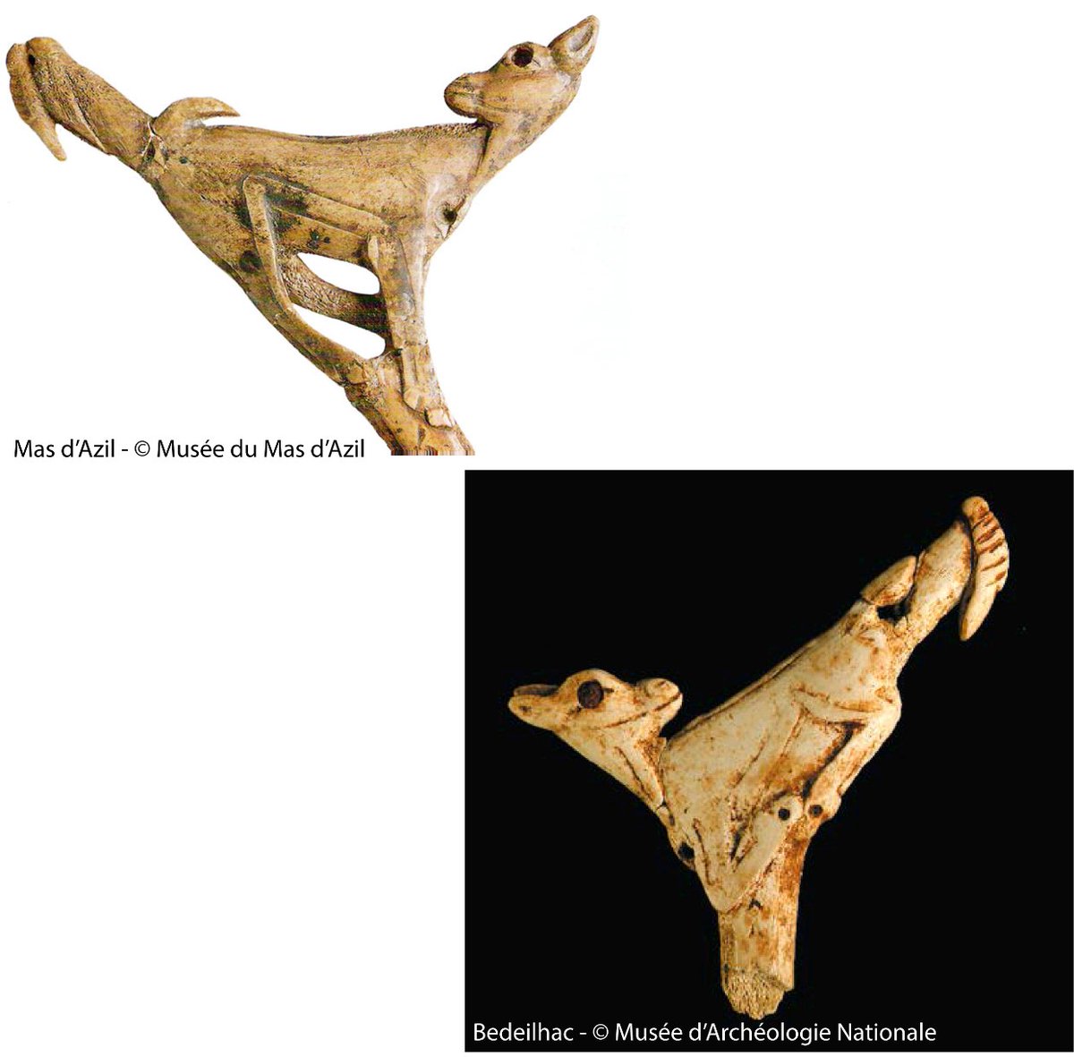 PreGraphity's tweet photo. 📸The striking resemblance between certain pieces of movable art from Bédeilhac and #Mazd'Azil, 50 km away, allows us to draw a parallel between these two important caves. Note, for example, the human figures sculpted in horse teeth, or the famous #Faonsauxoiseaux. https://t.co/DPHSuZzGfO