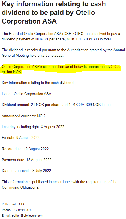 DebetSjef's tweet photo. Otello deler ut NOK 21 i utbytte, men:
Cash jan'22: MUSD 270,5
Cash jul'22: MNOK 2090
Laveste USD hiå = 8,57 = MNOK 2314
Diff: Min MNOK 224
Eierandelen i Bemobi er uendret på 36%
Så, hva skjer med resten av pengene? Investert?🤷‍♂️
#Otello #Bemobi #Bemob3 $OTEC https://t.co/Zv0yhOpKtv