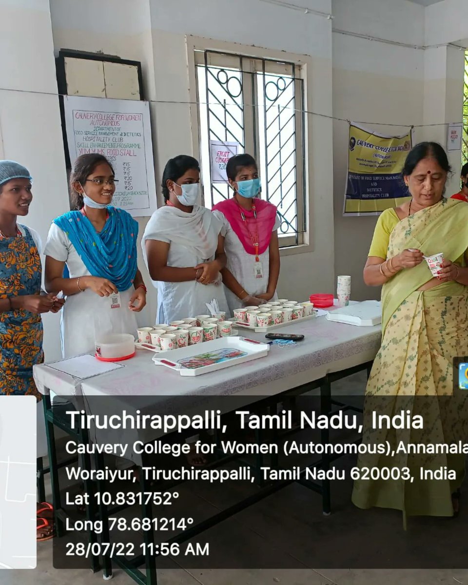 CauveryFor's tweet photo. Department of Food Service Management and Dietetics, Cauvery College for Women (Autonomous), Trichy-18 organized "Yum Yums - Food Stall" on 28.07.2022 as Skill Enhancement Activity. Students enjoyed the event with tasty and nutritious recipes.. https://t.co/Uz2RyVdBuX