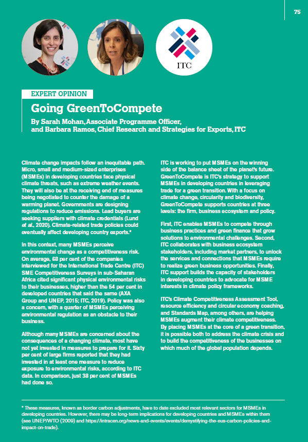 SMohanEcon's tweet photo. Glad to sketch the contours of an SME-inclusive green transition in a piece for the 2022 Aid for Trade Global Review. @barbaraoramos  and I point to the @ITCnews   Green2Compete strategy. Full report here: https://t.co/ZiK9dXWO1r #smallbusiness #climateaction https://t.co/iJ6NsJdiol