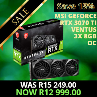 15% OFF on the MSI GeForce RTX 3070 Ti Ventus 3X 8GB OC!!

Old price: R15 249.00
New price: R12 999.00
(Expires 6 Aug)

Buy here now: titan-ice.co.za/hardware/gpus/…