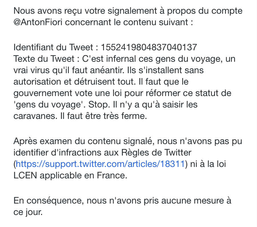 DebotJacques's tweet photo. L'antitsiganisme, lu et approuvé par @TwitterFrance 
" - Ces Gens du voyage, un virus qu'il faut anéantir"... https://t.co/Q3ghI31jhl