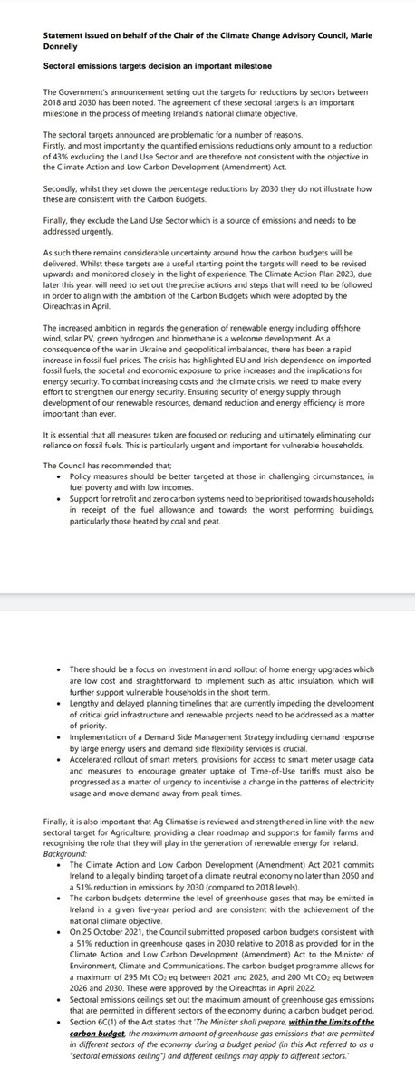 Strong statement by Chair of Ireland's Climate Change Advisory Council regarding the sectoral emissions targets agreed last night &amp; concern that it is not consistent with objective of IRL's Climate Act for 51% emissions reductions by 2030. 
climatecouncil.ie/news/