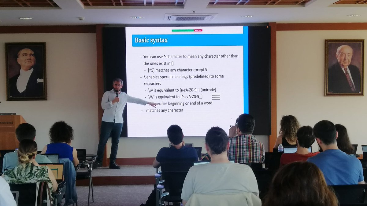 Already on the last day of #socialcomquantsummerschool2022! The final lecture is given by Dr. Ali Hürriyetoğlu on Regular Expressions 📸 PS. Looking forward to group presentations at the end of the day!  #kocuniversity #css #computationalsocialscience