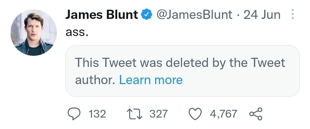 Hairy (@hairy) on Twitter photo For me, the highlight of <a href="/JamesBlunt/">James Blunt</a>'s feed is when the combatant deletes their original Tweet and skulks back into obscurity. I feel like a little bell should go off every time. There should maybe be an app for that. For me, the highlight of <a href="/JamesBlunt/">James Blunt</a>'s feed is when the combatant deletes their original Tweet and skulks back into obscurity. I feel like a little bell should go off every time. There should maybe be an app for that.