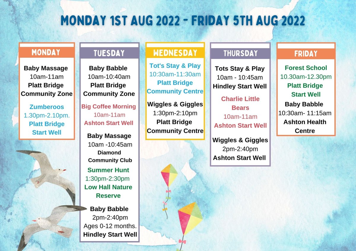 PlattBridgeCC's tweet photo. @PlattBridgeCC summer Timetable
Monday 1st August to Fri 5th Aug 

Families can book up to 3 sessions over the 6 week period

To book please call 07824452017 (this number only) https://t.co/LC4HZdizr8