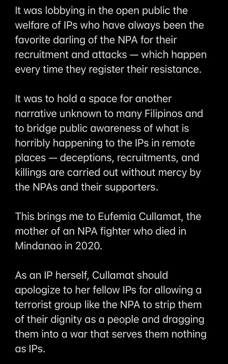 VP <a href="/indaysara/">Sara Duterte</a>: As an IP herself, Cullamat should apologize to her fellow IPs for allowing a terrorist group like the NPA to strip them of their dignity as a people and dragging them into a war that serves them nothing as IPs. <a href="/smninews/">SMNI News</a> <a href="/DZAR1026/">DZAR 1026 SMNI Radio Manila</a> 

(2/4)