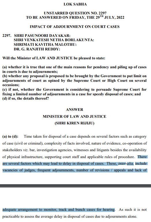 somitsrivastav's tweet image. Judicial vacancies, frequent adjournments, number of revisions/ appeals and lack of adequate arrangement to track cases reasons for delay in disposal of cases by Courts: Law Ministry

#Judiciary #pendency #justice @RijijuOffice