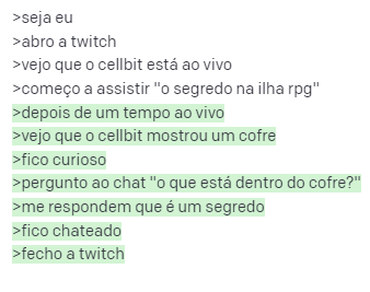 g0ulaarte's tweet photo. isso é genial mano.

tem um bot que vc digita umas linhas e ele autocompleta com uma história aleatória

os textos em branco são meus
os textos em verde são do bot que ele autocompletou https://t.co/CvQ0ksOSkA