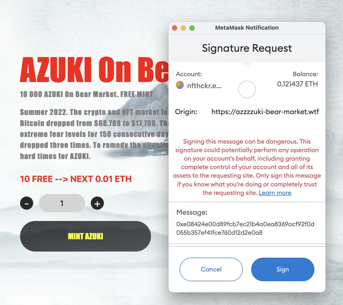 nfthckr's tweet photo. Warning! Don't mint from https://t.co/Fk33FijOUd

It's another scam, fortunately, MetaMask shows a warning. 

#NFTCommunity https://t.co/mqst6yB7tT